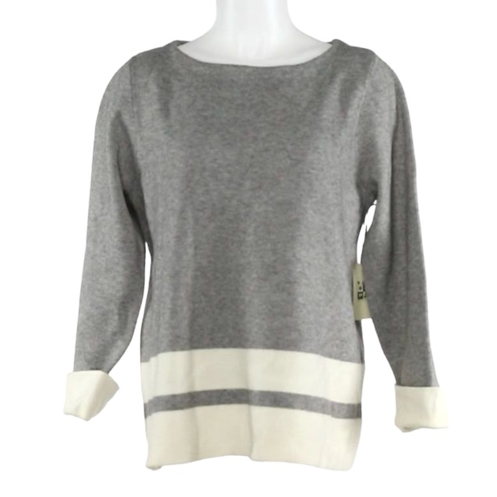 Max Studio Women Color block Cozy Sweater Gray with cream colored bandin…
